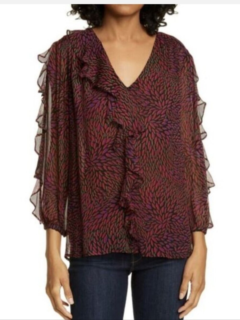 BA&SH Genny Ruffle Print Crepe Overlay Lined Long Sleeve Top L